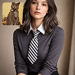A dignified gray cat wearing a striped tie and white collar sits majestically in a wooden bowl on a table, surrounded by some scattered items, looking like it's ready for a business meeting or a fancy cat convention.
