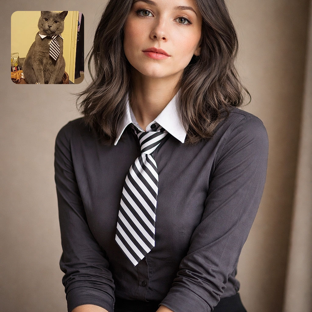 A dignified gray cat wearing a striped tie and white collar sits majestically in a wooden bowl on a table, surrounded by some scattered items, looking like it's ready for a business meeting or a fancy cat convention.