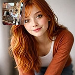 A curious orange tabby cat with huge, wide eyes and long whiskers peers closely at the camera from a rustic wooden staircase, giving an adorable and inquisitive expression.