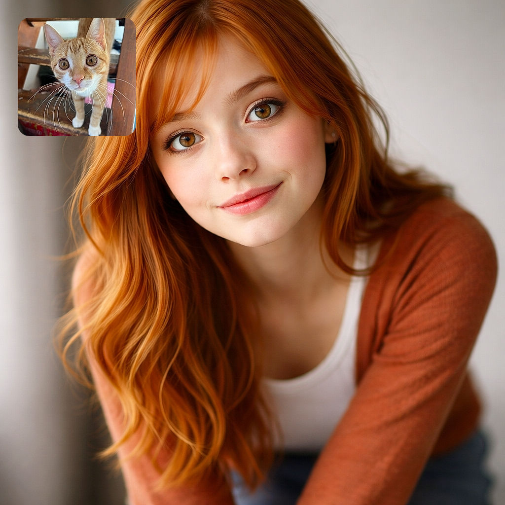 A curious orange tabby cat with huge, wide eyes and long whiskers peers closely at the camera from a rustic wooden staircase, giving an adorable and inquisitive expression.