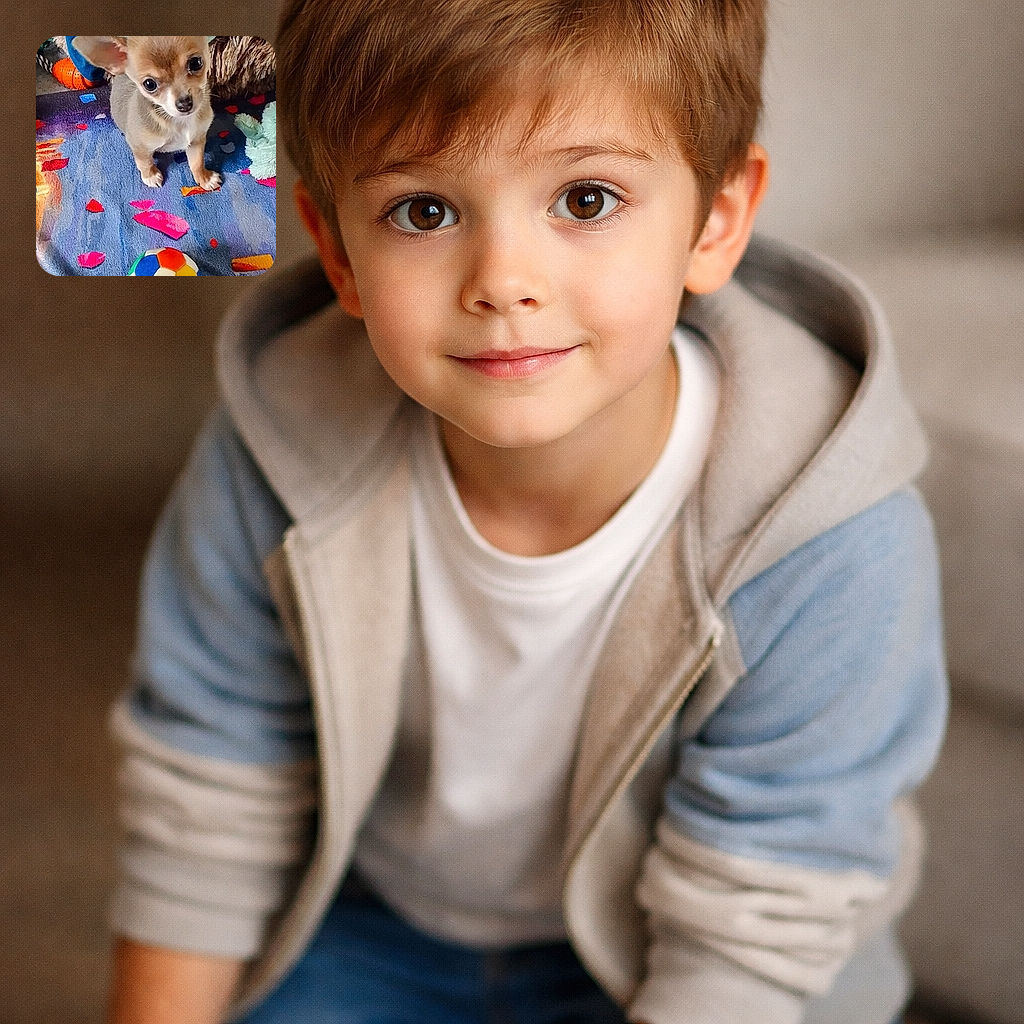 A tiny, wide-eyed chihuahua puppy gives you the full 'please play with me' stare while a bright multicolor ball and cozy blankets stage a chaotic indoor playground — ears at attention, paws planted, and every bit of adorable concentrated in one smol face.