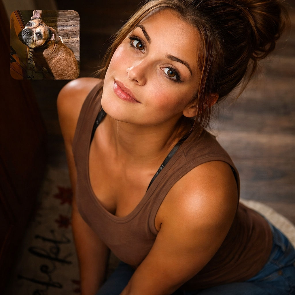 A soulful brown dog looks up with big pleading eyes while sitting on a kitchen rug and hardwood floor — a towel hangs nearby and a second black-and-white pet peeks in at the corner. The warm lighting and guilty expression say: "Did you drop snacks or not?"