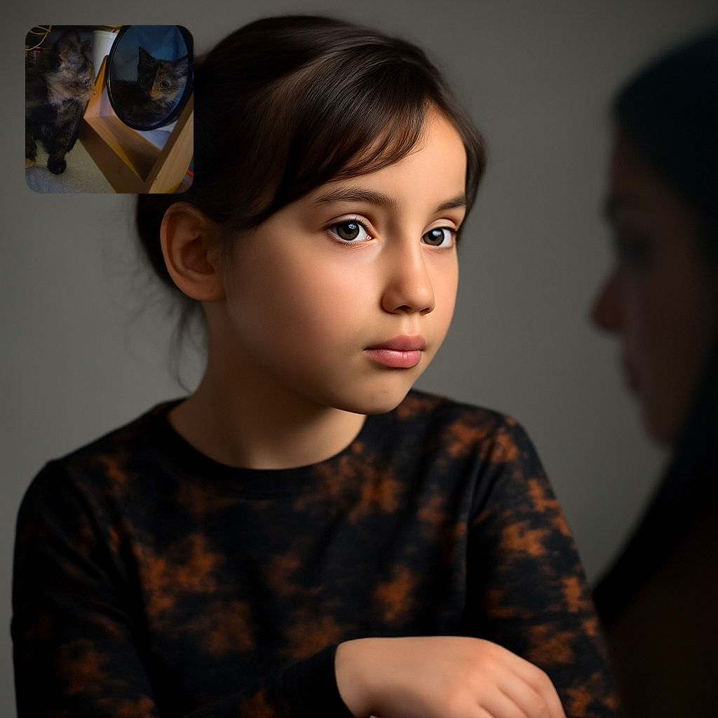 A curious tortoiseshell kitten gazes intently into a small round mirror, seeing its own reflection with wide eyes. The warm wooden frame of the mirror and a softly lit background create a cozy, intimate setting for this feline self-discovery moment.
