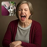 A gray and white cat is caught mid-yawn or mid-meow, sitting on a cozy couch surrounded by soft pillows in muted tones, with a leafy plant adding a touch of green in the background. The cat's expression is both amusing and endearing, making it look like it's about to deliver a dramatic speech or a big yawn.