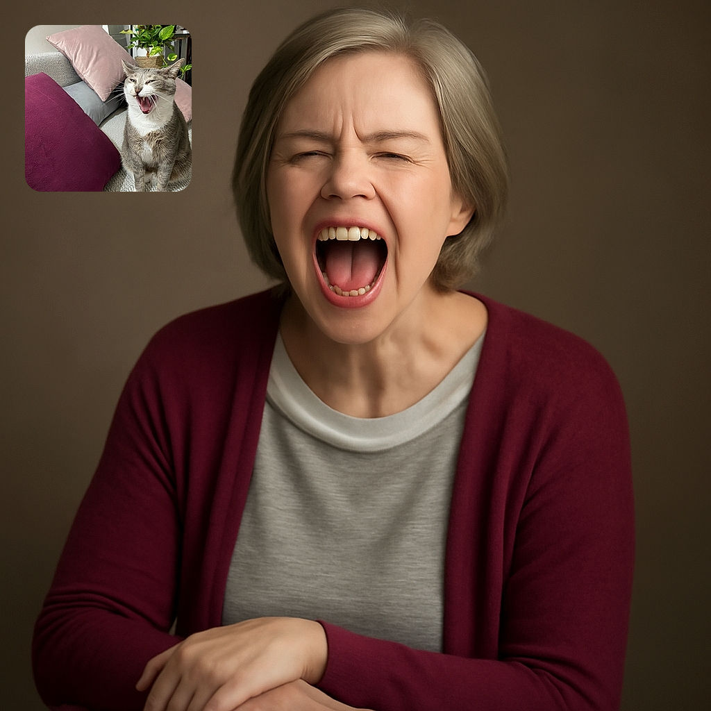 A gray and white cat is caught mid-yawn or mid-meow, sitting on a cozy couch surrounded by soft pillows in muted tones, with a leafy plant adding a touch of green in the background. The cat's expression is both amusing and endearing, making it look like it's about to deliver a dramatic speech or a big yawn.