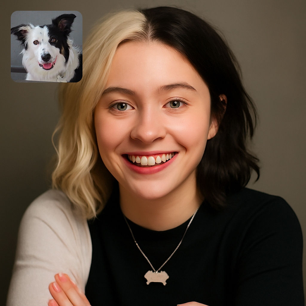A happy black and white dog with a big smile and tongue out, looking directly at the camera with bright eyes, set against a plain background.