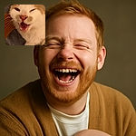 A close-up of a cat making a funny face with one eye closed and mouth open showing tiny fangs, looking like it's mid-meow or a cheeky grin, with a cozy background of a gray fabric and wooden texture.