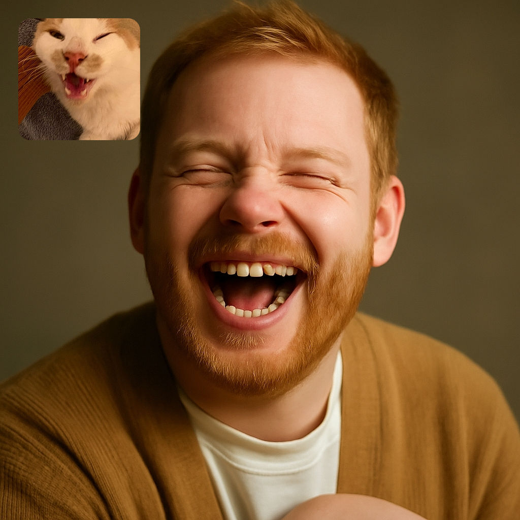 A close-up of a cat making a funny face with one eye closed and mouth open showing tiny fangs, looking like it's mid-meow or a cheeky grin, with a cozy background of a gray fabric and wooden texture.