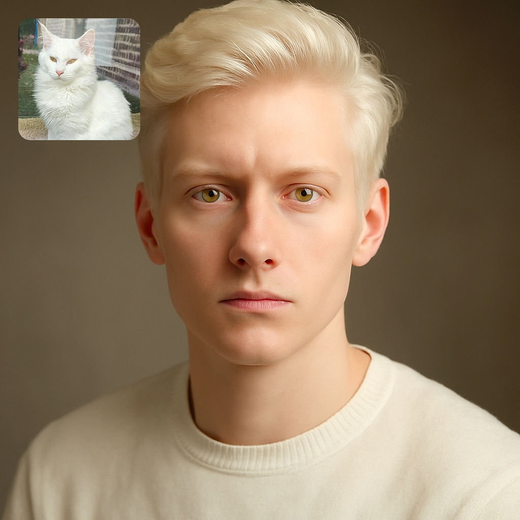 A majestic white cat with piercing yellow eyes gazes thoughtfully through a glass window, its fluffy fur glowing softly against a blurred outdoor background featuring a brick wall and greenery.