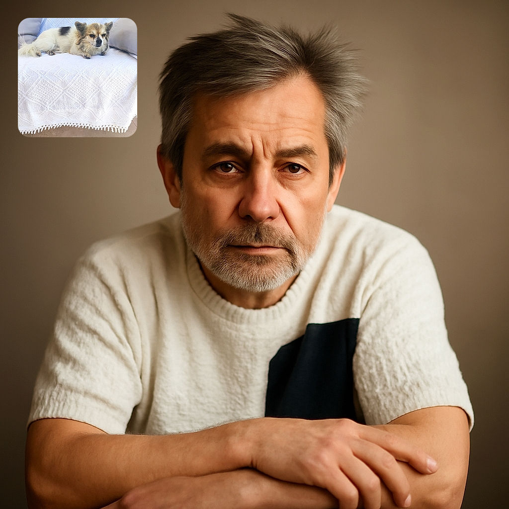 A fluffy, sleepy dog lounges on a white textured blanket draped over a couch, flanked by soft gray pillows, looking like the ultimate nap champion in a cozy living room setting.