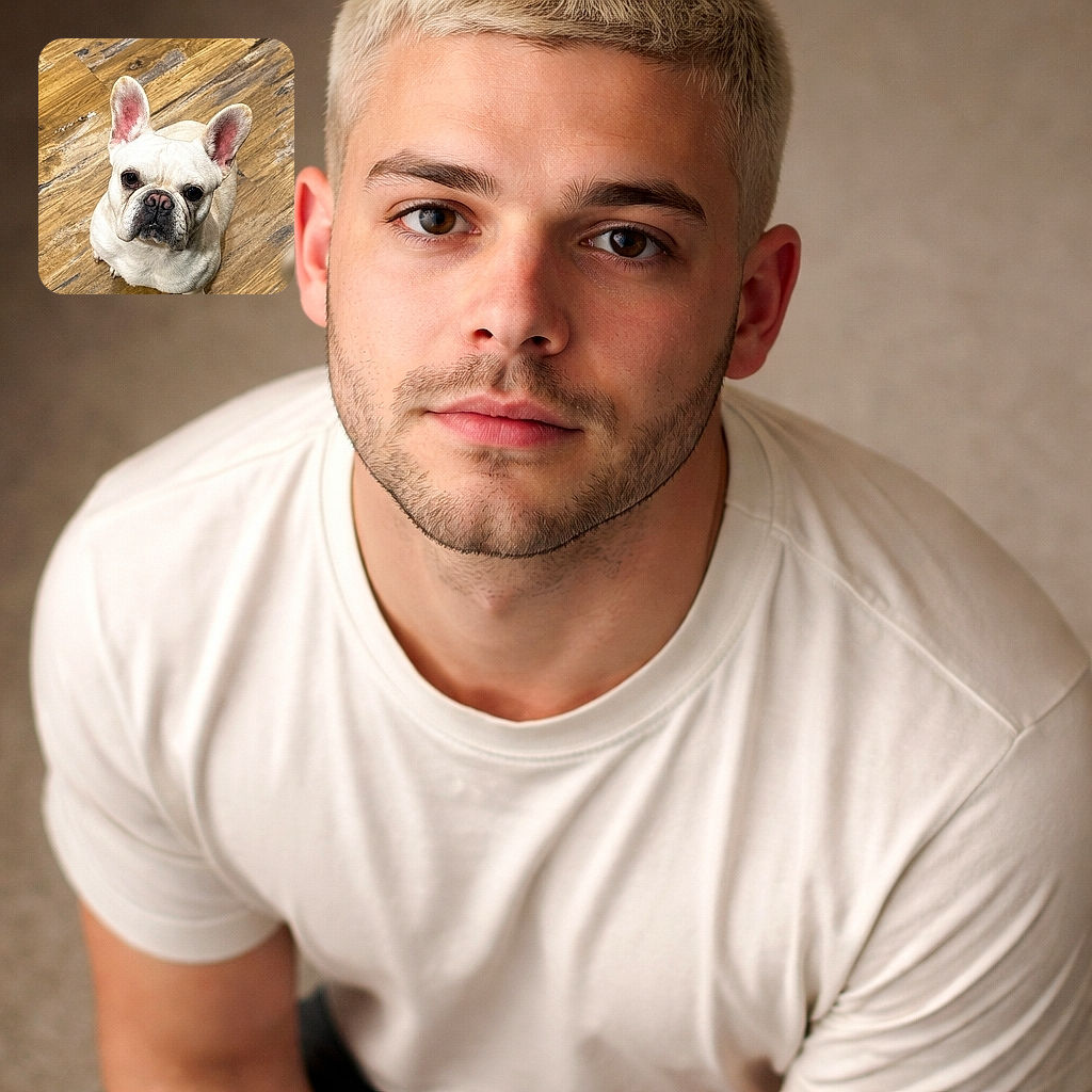 A curious French Bulldog sits on a rustic wooden floor, looking up with big, expressive ears and a slightly wrinkled face, as if waiting for a treat or some attention.