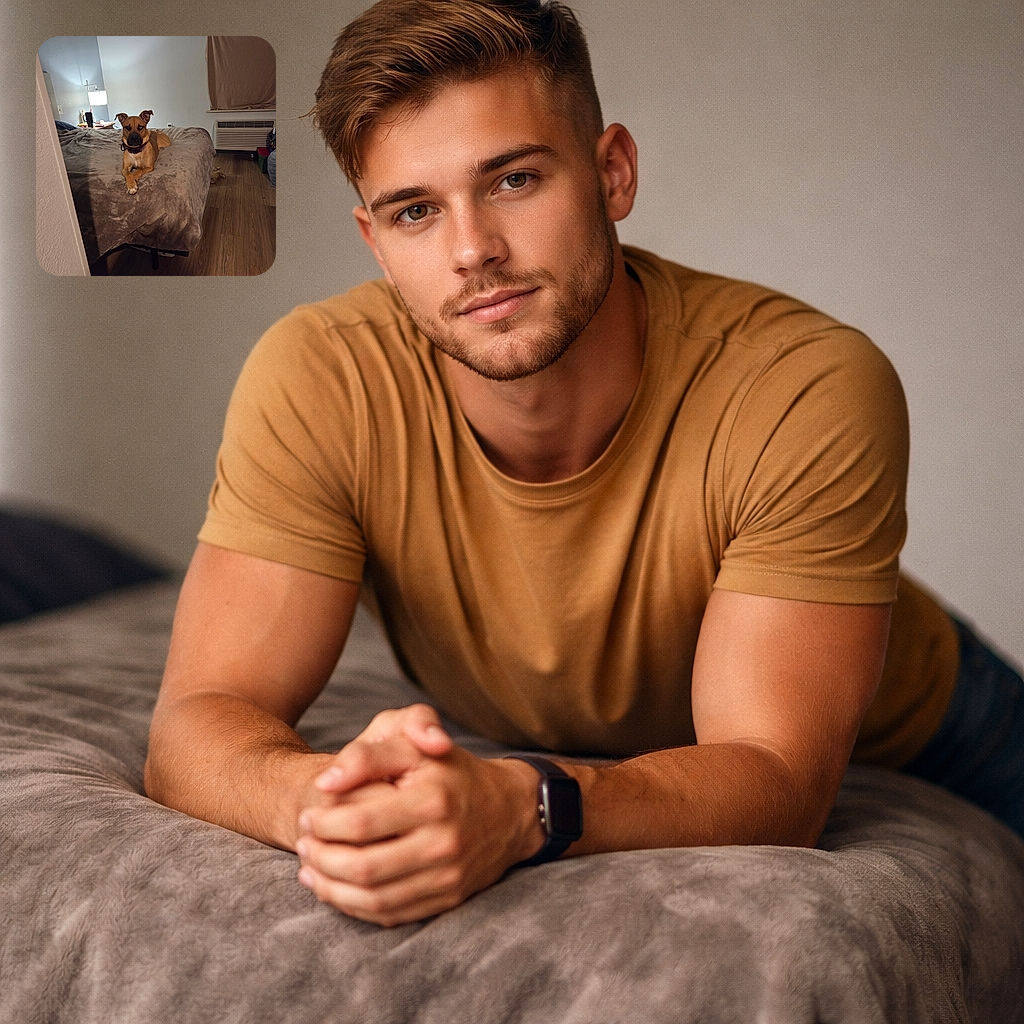 A dignified brown dog lounges in the middle of the bed with its front paws crossed like a tiny aristocrat, giving the camera a serious, unimpressed stare while a cozy, slightly messy bedroom plays supporting role.