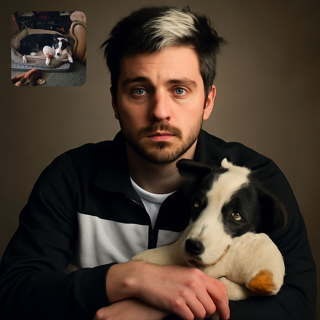A cozy black and white dog lounges comfortably in a plush pet bed, resting its head on a soft stuffed duck toy, surrounded by other scattered toys on a carpeted floor in a warmly lit room.