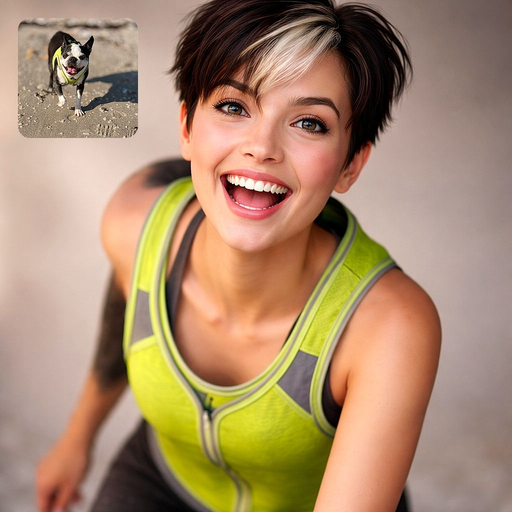 A joyful Boston Terrier sporting a bright yellow harness runs excitedly on a sandy beach, tongue out and ears perked, casting a playful shadow behind.