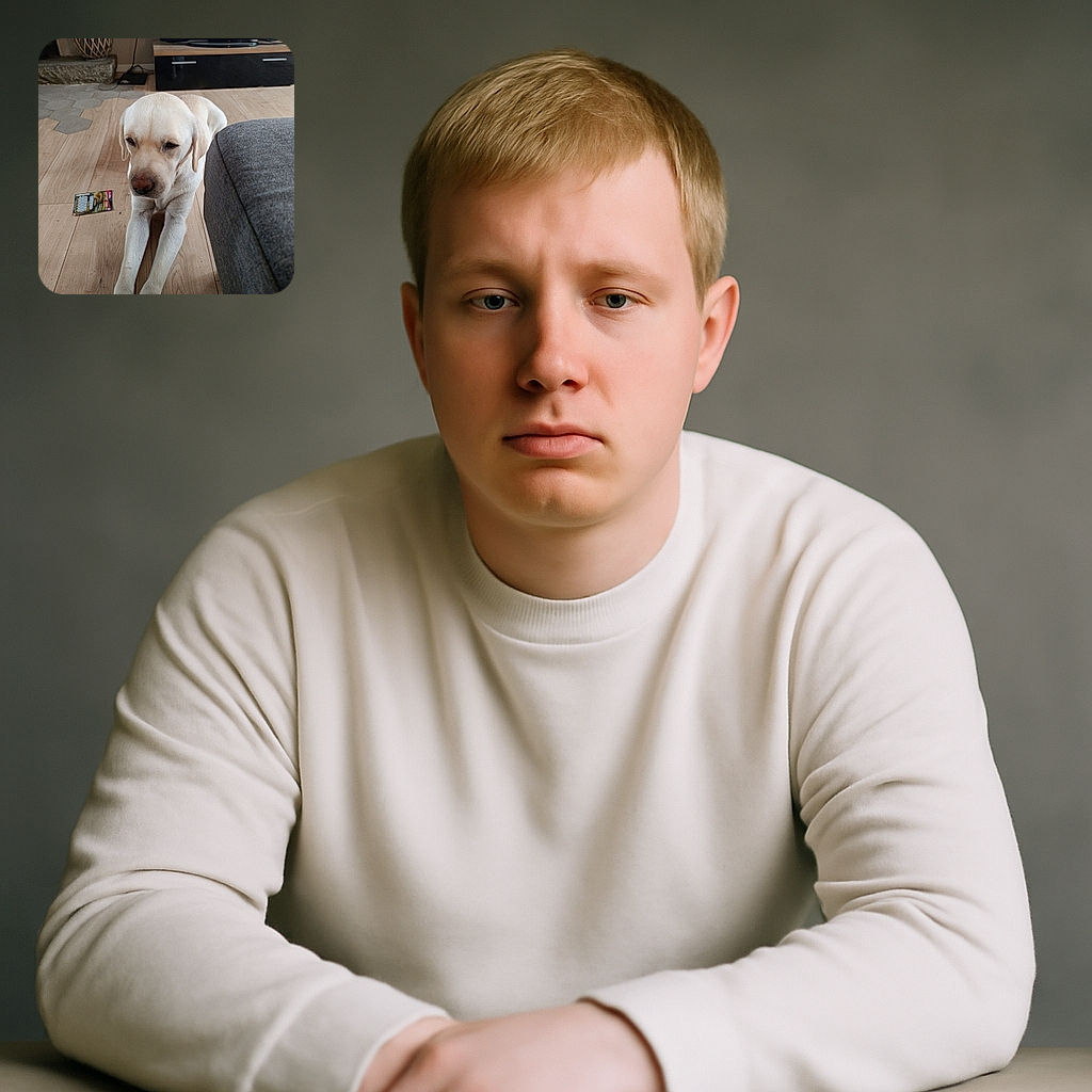 A sleepy Labrador stretches out on a wooden floor next to a gray couch, with a TV and a decorative vase in the background, looking like it's contemplating the mysteries of the universe or just waiting for a treat.