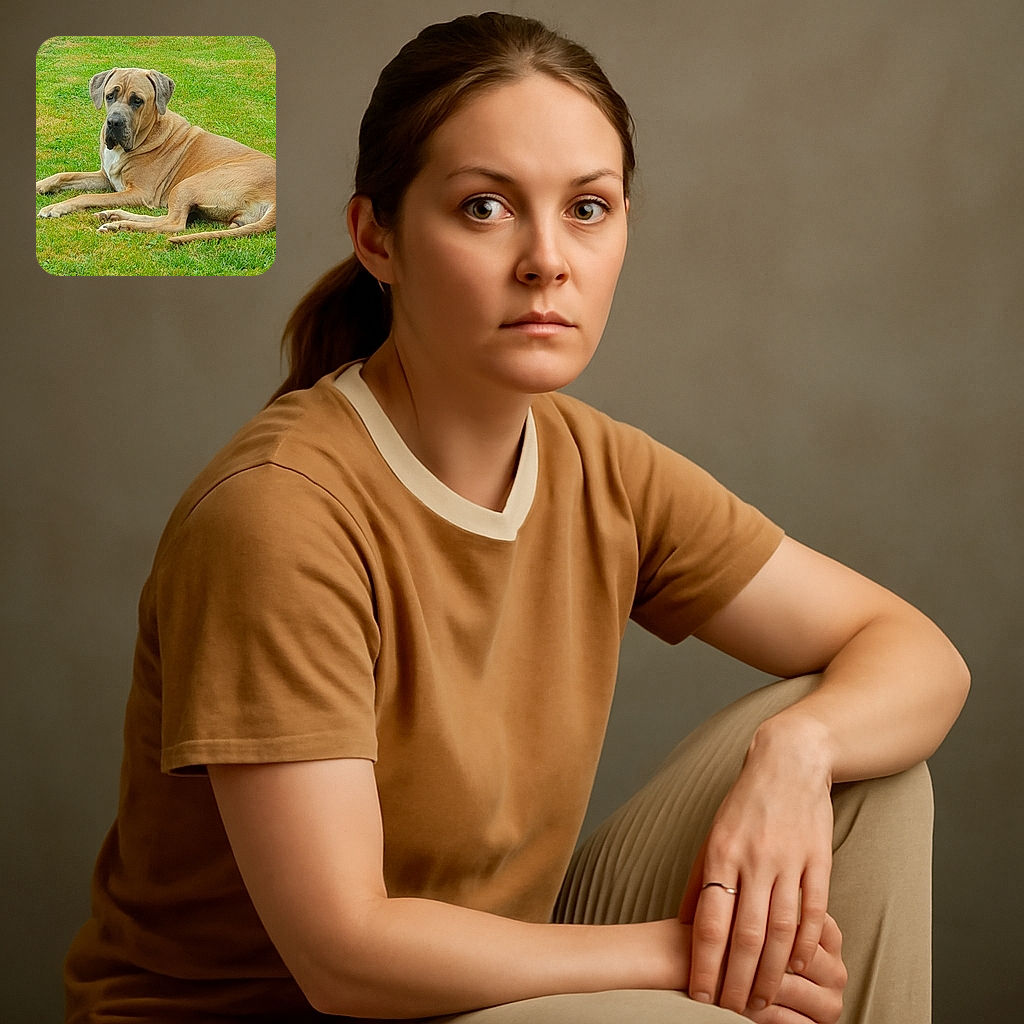 A large tan dog with a white chest is lounging on a lush green lawn, looking thoughtfully into the distance with gentle eyes. The grass is vibrant and the photo captures the dog's relaxed, regal pose perfectly.