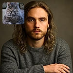 A majestic fluffy gray cat lounges on a gravel surface, staring intently with its big green eyes. The soft focus background highlights the cat's thick fur and delicate whiskers, making it look like the king of chill.