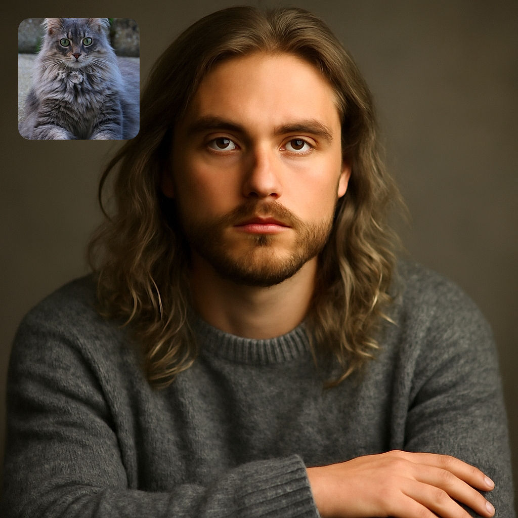 A majestic fluffy gray cat lounges on a gravel surface, staring intently with its big green eyes. The soft focus background highlights the cat's thick fur and delicate whiskers, making it look like the king of chill.
