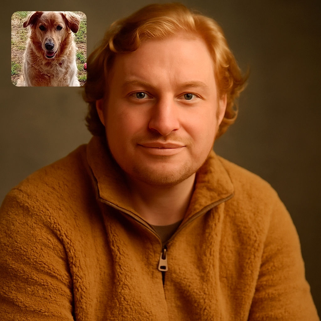 A fluffy golden retriever sits attentively outdoors on a patchy grassy area, looking directly at the camera with a happy expression and slightly open mouth, capturing the lovable essence of a friendly dog enjoying nature.