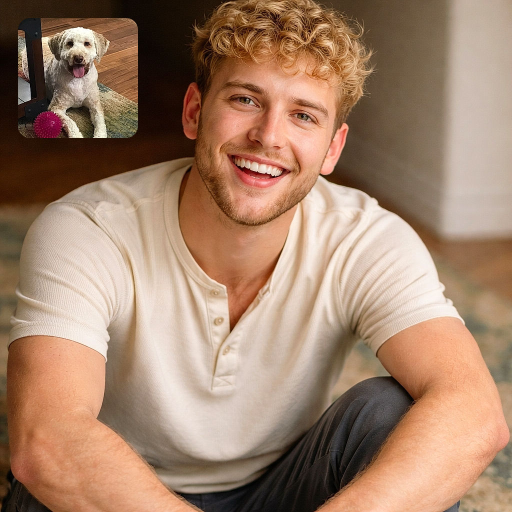 A cheerful fluffy dog with curly cream and tan fur is lying on a multicolored rug next to a bright pink spiky ball, tongue out in a happy pant, indoors on a wooden floor with a piece of furniture nearby.