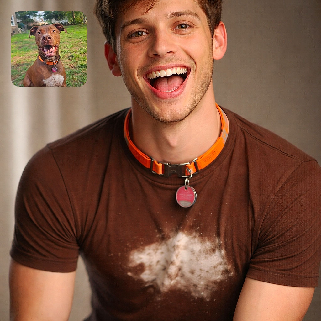 A joyful brown dog with a white chest patch and an orange collar sits excitedly in a grassy backyard, its mouth open in a happy pant and eyes gleaming with enthusiasm, framed by trees and houses in the background.