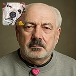 A close-up photo of a white dog with black spots and striking blue eyes, looking directly at the camera with a slightly tilted head. The background shows a laundry basket, a pink textured blanket, and some scattered toys and books, giving a cozy indoor vibe.