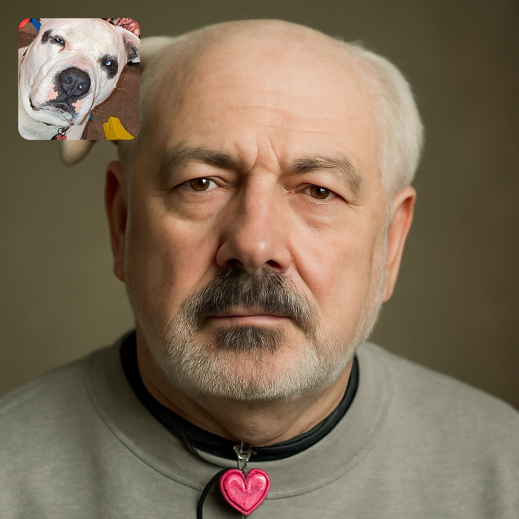 A close-up photo of a white dog with black spots and striking blue eyes, looking directly at the camera with a slightly tilted head. The background shows a laundry basket, a pink textured blanket, and some scattered toys and books, giving a cozy indoor vibe.
