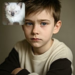 A fluffy white kitten with striking blue eyes and darker markings around its ears, nose, and paws stares intently at the camera, looking like a tiny lion surveying its kingdom.