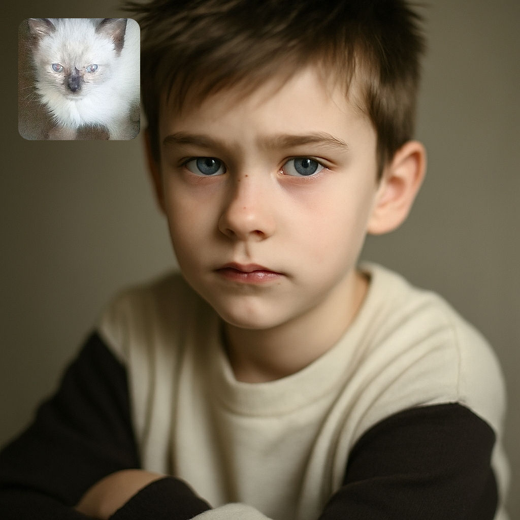 A fluffy white kitten with striking blue eyes and darker markings around its ears, nose, and paws stares intently at the camera, looking like a tiny lion surveying its kingdom.