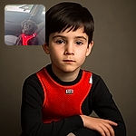 A cute black puppy wearing a bright red harness sits patiently in the passenger seat of a car on a rainy day, with raindrops dotting the window and a silver car visible outside.