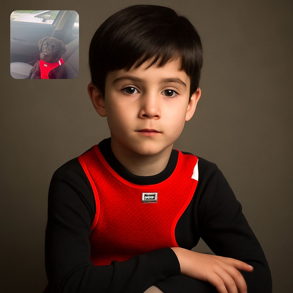 A cute black puppy wearing a bright red harness sits patiently in the passenger seat of a car on a rainy day, with raindrops dotting the window and a silver car visible outside.