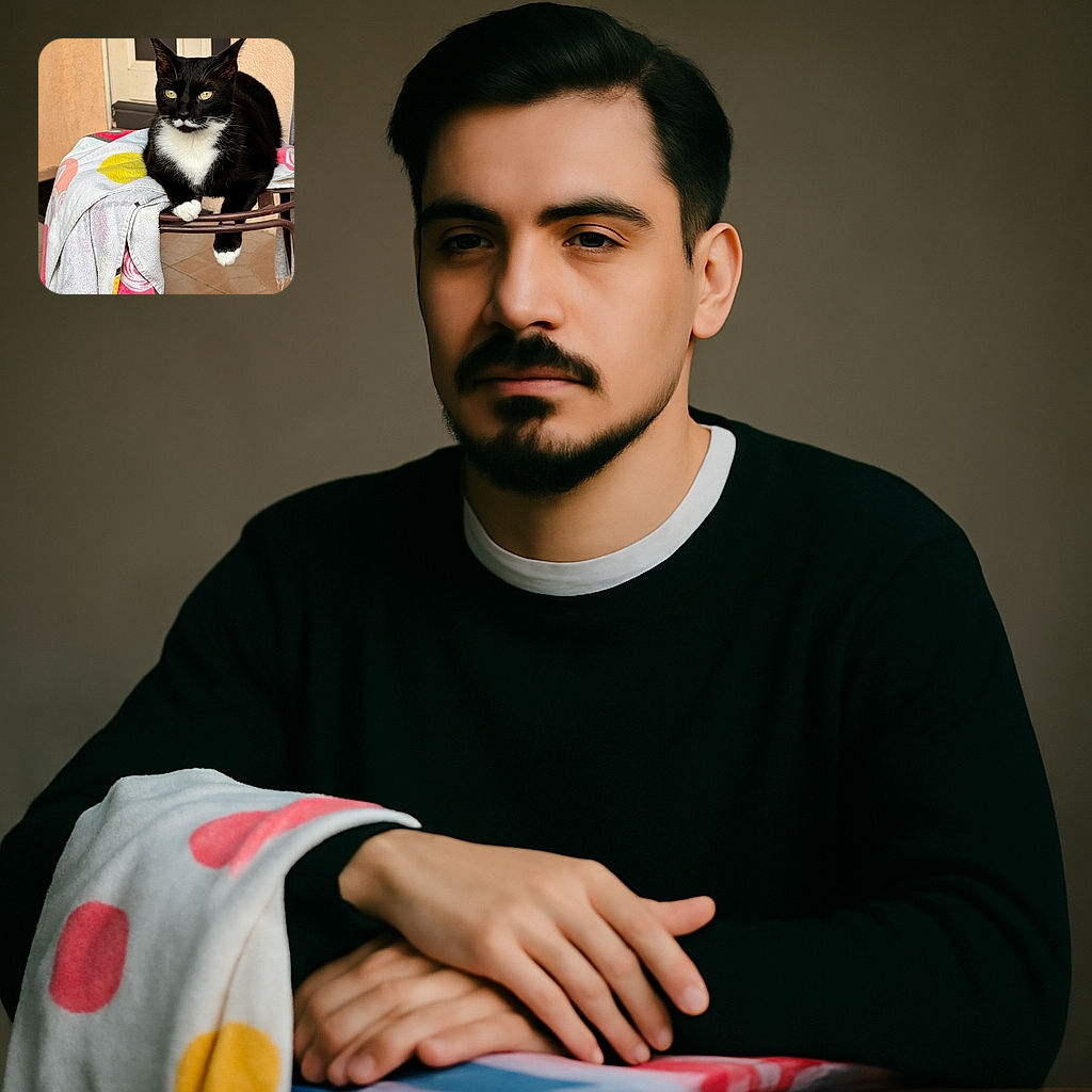 A sleek black and white cat lounges elegantly on a towel draped over a metal chair, gazing intently with bright yellow eyes as if plotting world domination or just waiting for dinner.