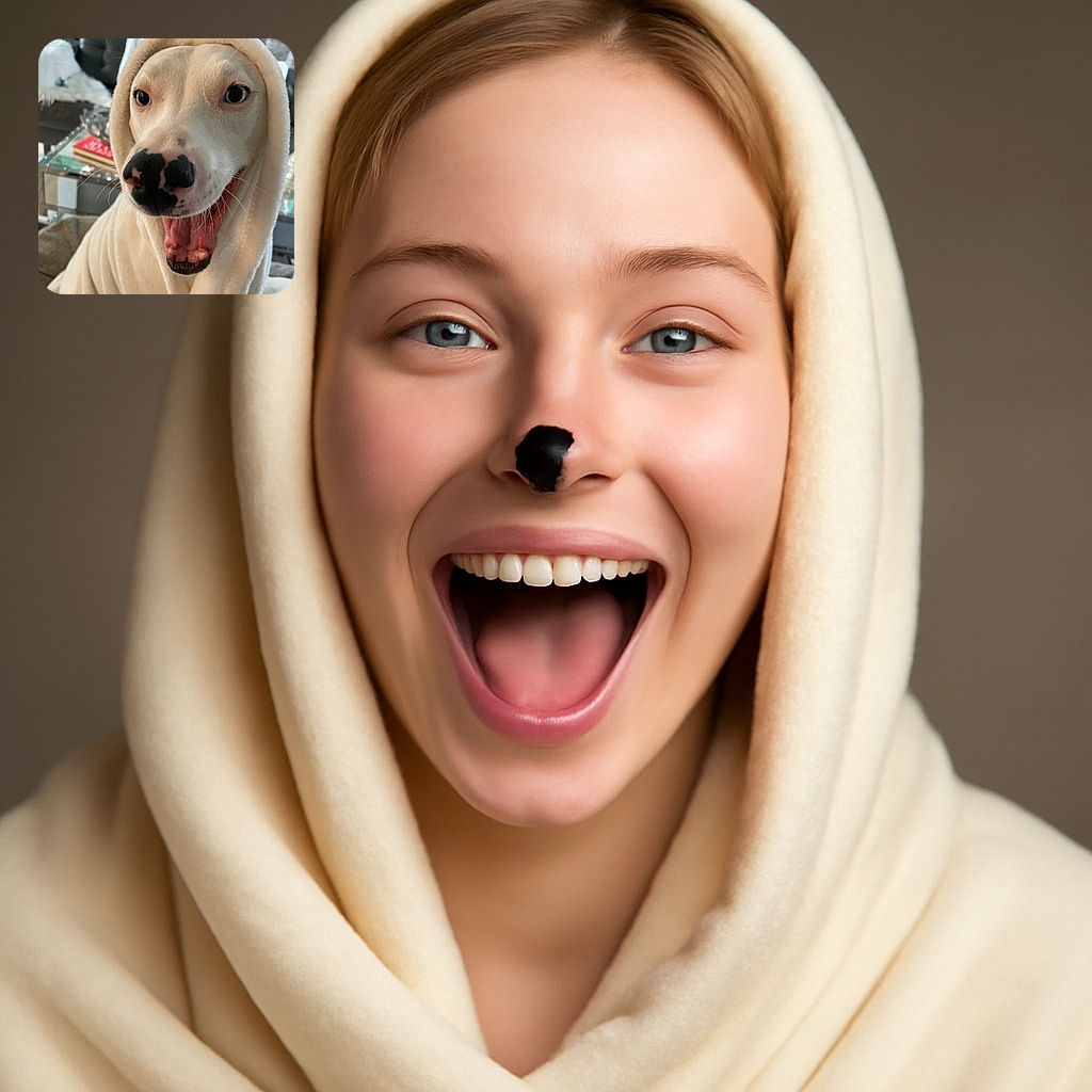 A close-up photo of a dog wrapped in a cream-colored blanket, looking surprised or mid-yawn with wide eyes and mouth open. The background shows a cozy living room with a glass table, books, and a sofa.
