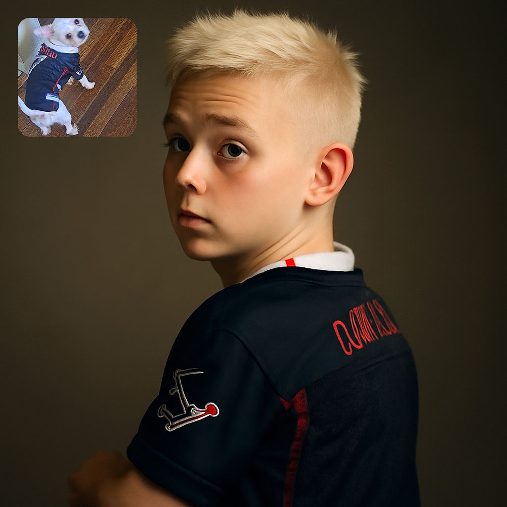 A small dog wearing a black sports jersey looks back over its shoulder on a wooden floor, with a slightly blurred face giving it a playful, candid vibe.