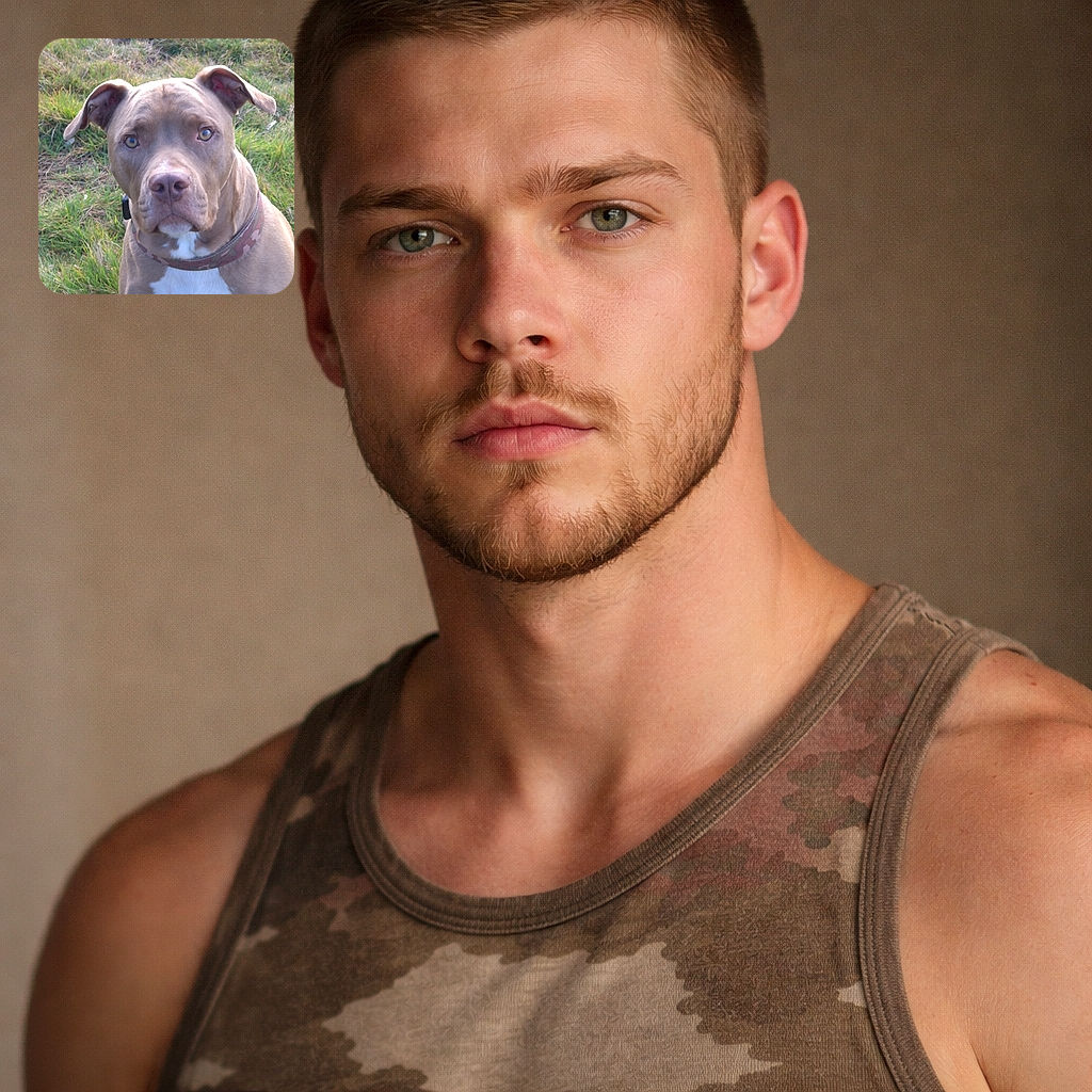 A close-up photo of a serious-looking brown and white dog sitting on grass, with a camo-patterned collar and curious eyes staring directly at the camera.
