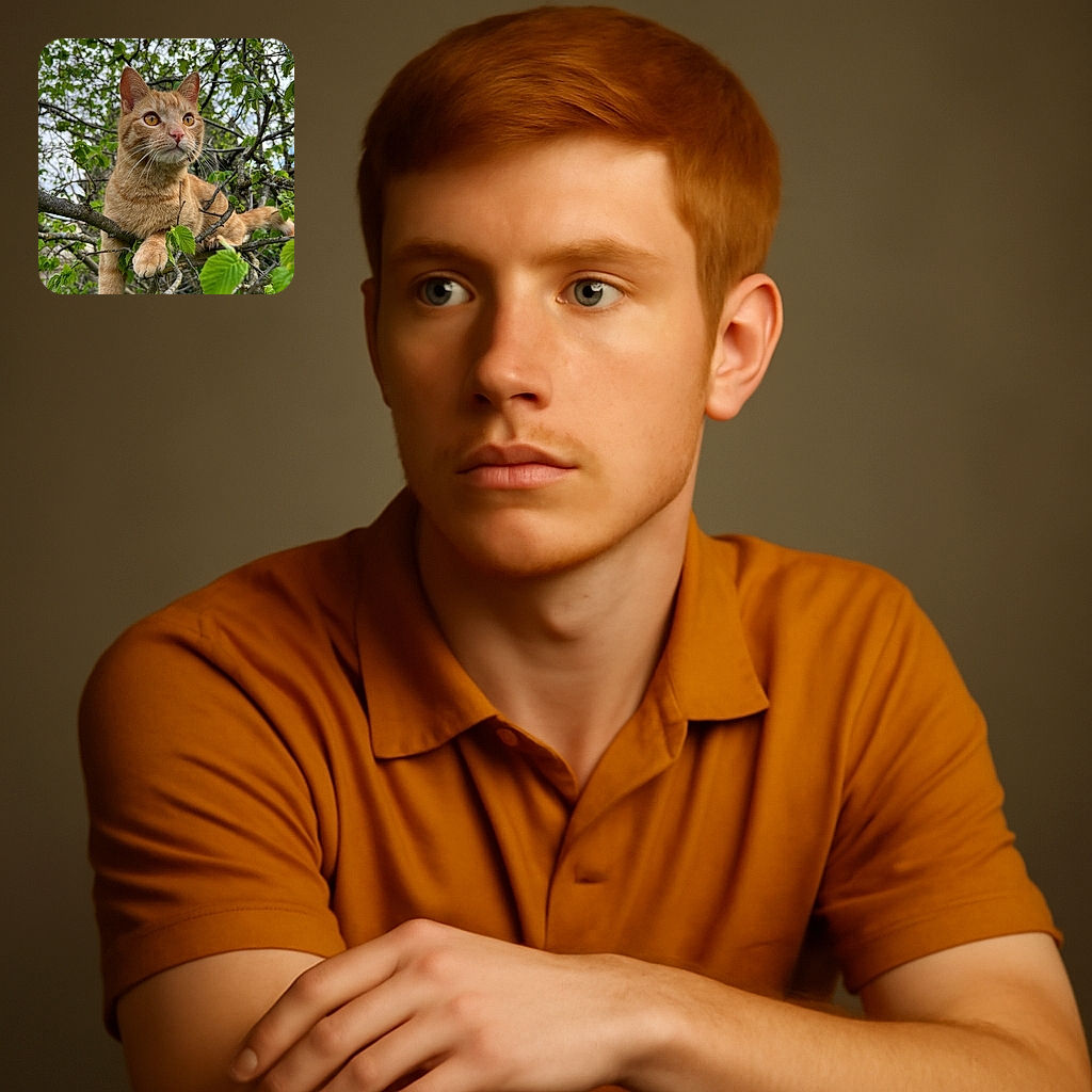 A curious orange tabby cat perched confidently among leafy branches, gazing off into the distance with sharp amber eyes and a poised expression, blending perfectly with the vibrant greenery around.