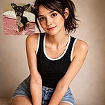 A small black and tan dog with large ears sits attentively on a wrinkled pink bedsheet, with a white pillow and a cluttered background featuring a calendar and some stationery. The dog's curious eyes and upright ears give it an alert and adorable expression.