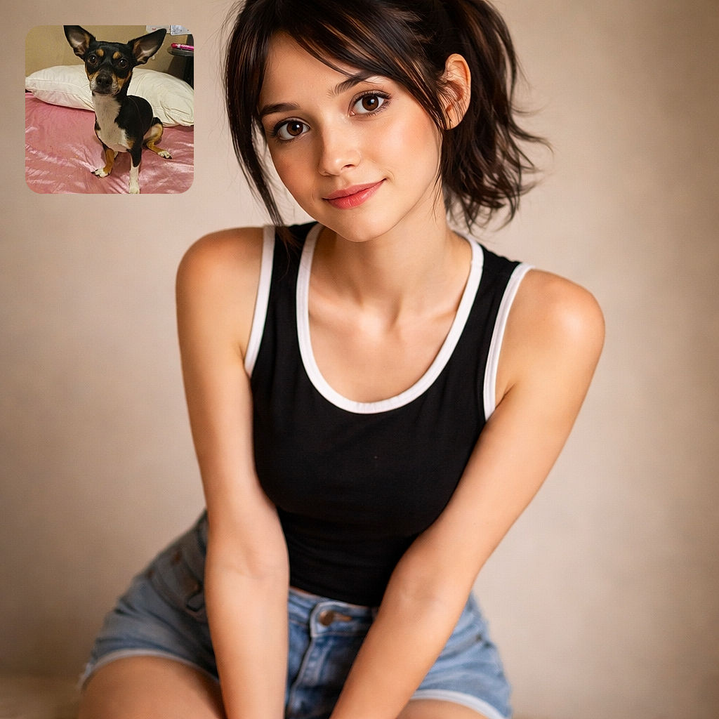 A small black and tan dog with large ears sits attentively on a wrinkled pink bedsheet, with a white pillow and a cluttered background featuring a calendar and some stationery. The dog's curious eyes and upright ears give it an alert and adorable expression.
