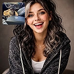 A happy little dog with one blue eye and one brown eye sits comfortably in a cozy tan pet bed inside a car, looking up with its tongue out as if smiling for the camera. The car interior is modern with black leather seats and a center console featuring a logo, while sunlight streams in through the window.