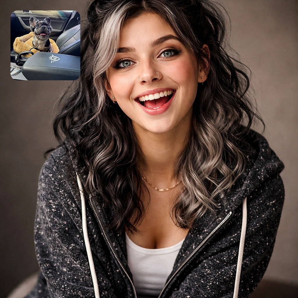 A happy little dog with one blue eye and one brown eye sits comfortably in a cozy tan pet bed inside a car, looking up with its tongue out as if smiling for the camera. The car interior is modern with black leather seats and a center console featuring a logo, while sunlight streams in through the window.