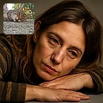 A close-up of a relaxed tabby cat lying on a textured stone surface, eyes half-closed in a sleepy, contented expression, with a softly blurred garden background and warm natural light.