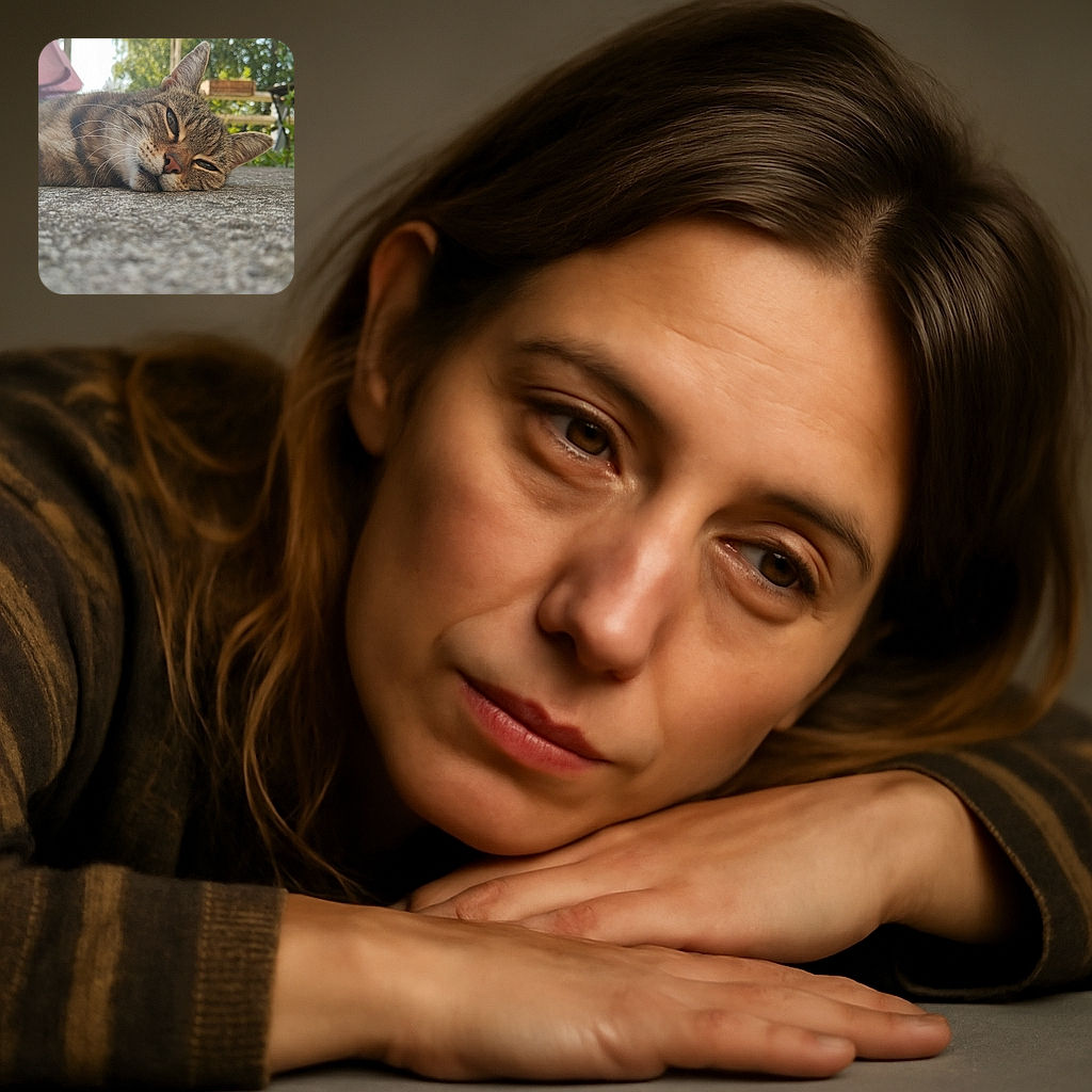 A close-up of a relaxed tabby cat lying on a textured stone surface, eyes half-closed in a sleepy, contented expression, with a softly blurred garden background and warm natural light.