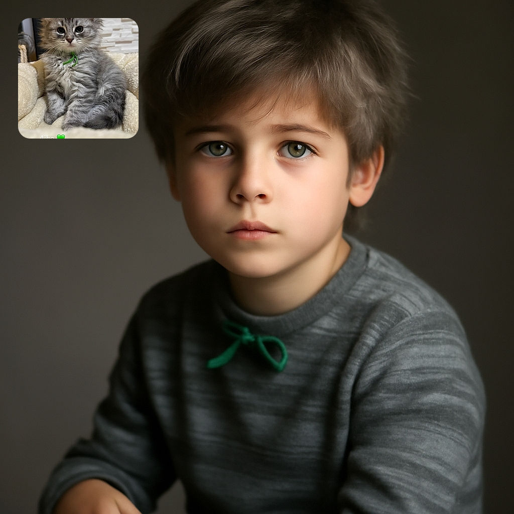 A fluffy gray kitten with big, curious eyes sits snugly on a soft cream-colored blanket, wearing a small green collar. The background features a textured white wall and some cozy home decor, while playful French text overlays add a charming touch.
