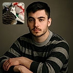 A cozy tabby cat with big yellow eyes lounges comfortably on a bed surrounded by adorable plush toys, looking curiously at the camera as if ready to star in a cute feline photoshoot.