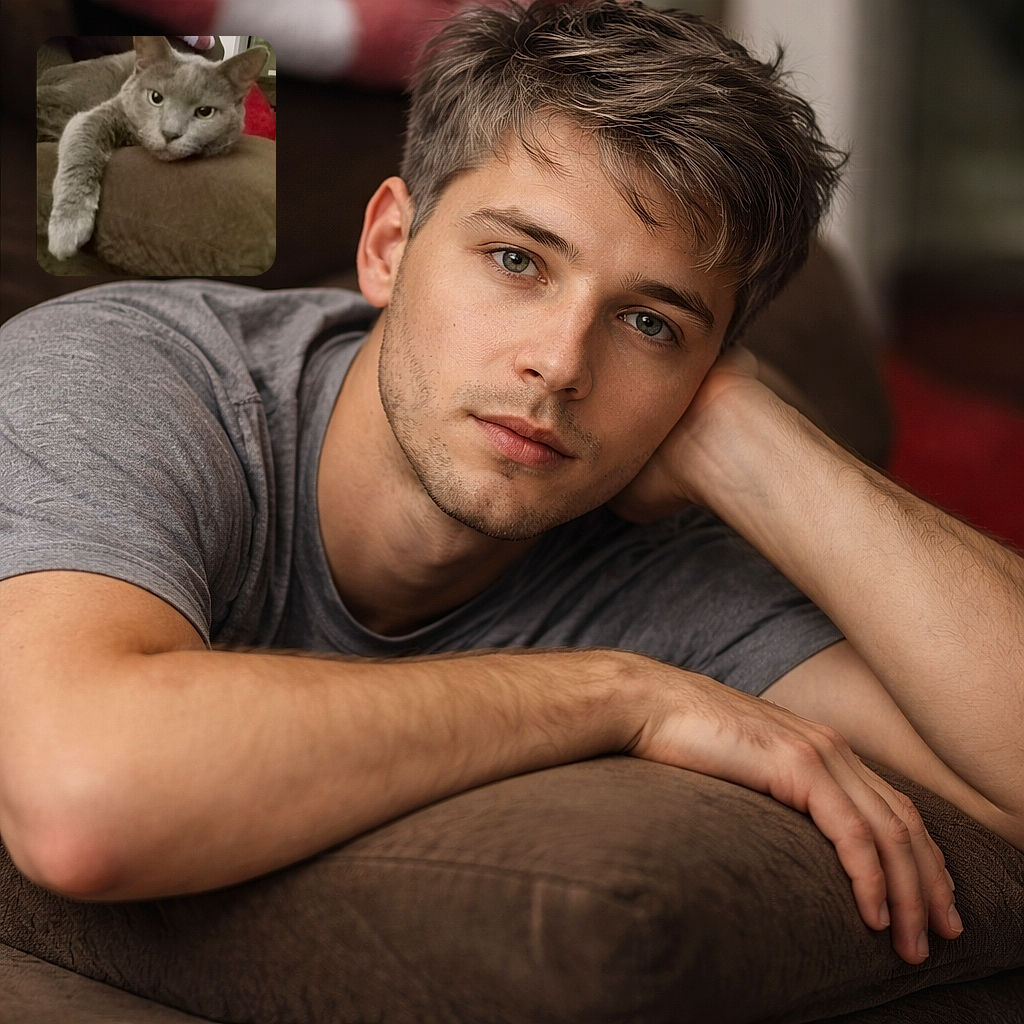 A chonky grey cat is sprawled across a brown cushion with one paw flopped forward like it owns the sofa. The close-up is slightly soft-focus, showing the cat's weary, judgmental stare and prominent whiskers; a red-and-white checkered blanket and living-room furniture sit blurred in the background. Cozy, domestic, and quietly unimpressed.