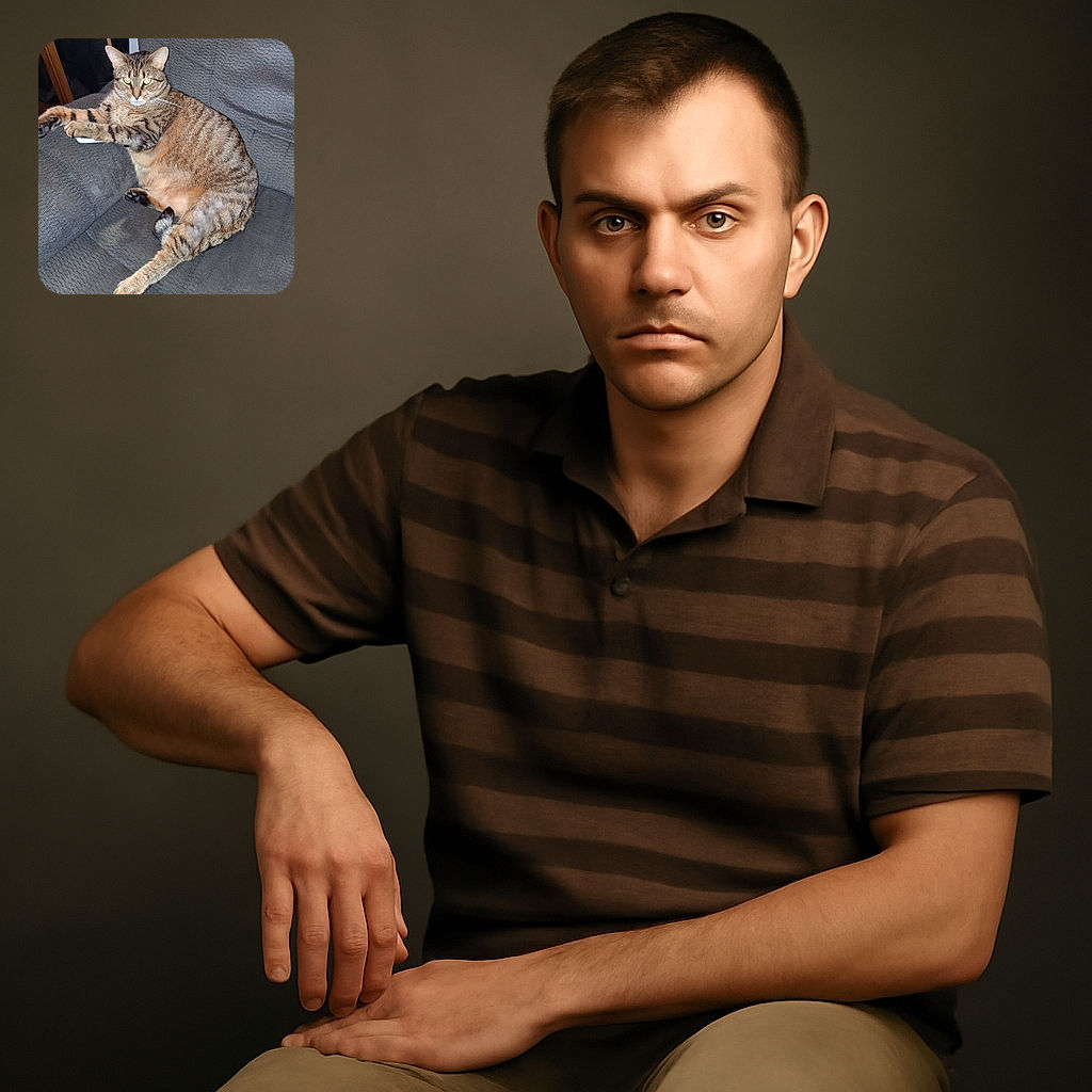 A chubby tabby cat lounges comfortably on a gray fabric couch, stretching its paws out with a slightly serious and intense gaze, as if guarding its cozy kingdom.
