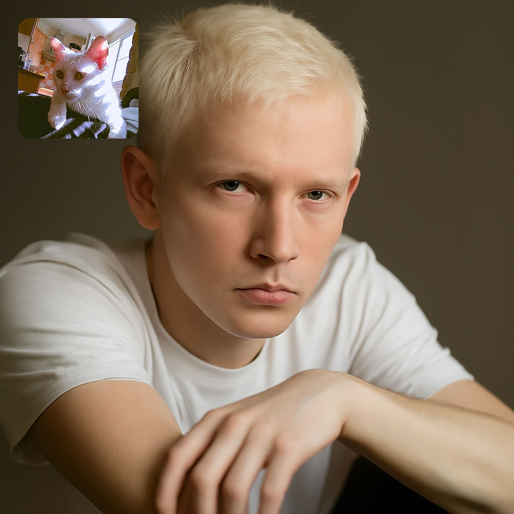 A curious white cat bathed in sunlight peeks over a dark surface in a cozy kitchen setting, with light and shadow patterns adding a touch of mystery to its whiskered face.