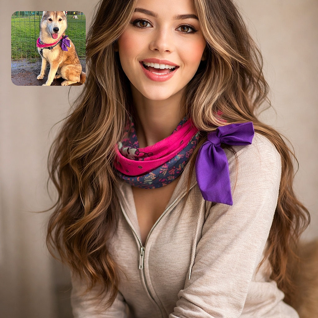 A joyful husky sitting proudly with a purple bow and pink bandana, tongue out and muddy paws showing it just finished an adventure in the park—stoic ears, fluffy fur, and a face that clearly expects treats.