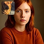 A close-up photo of a golden-brown dog standing on a stone pavement, with sunlight casting a shadow partially over its face, highlighting its expressive eyes and shiny fur.