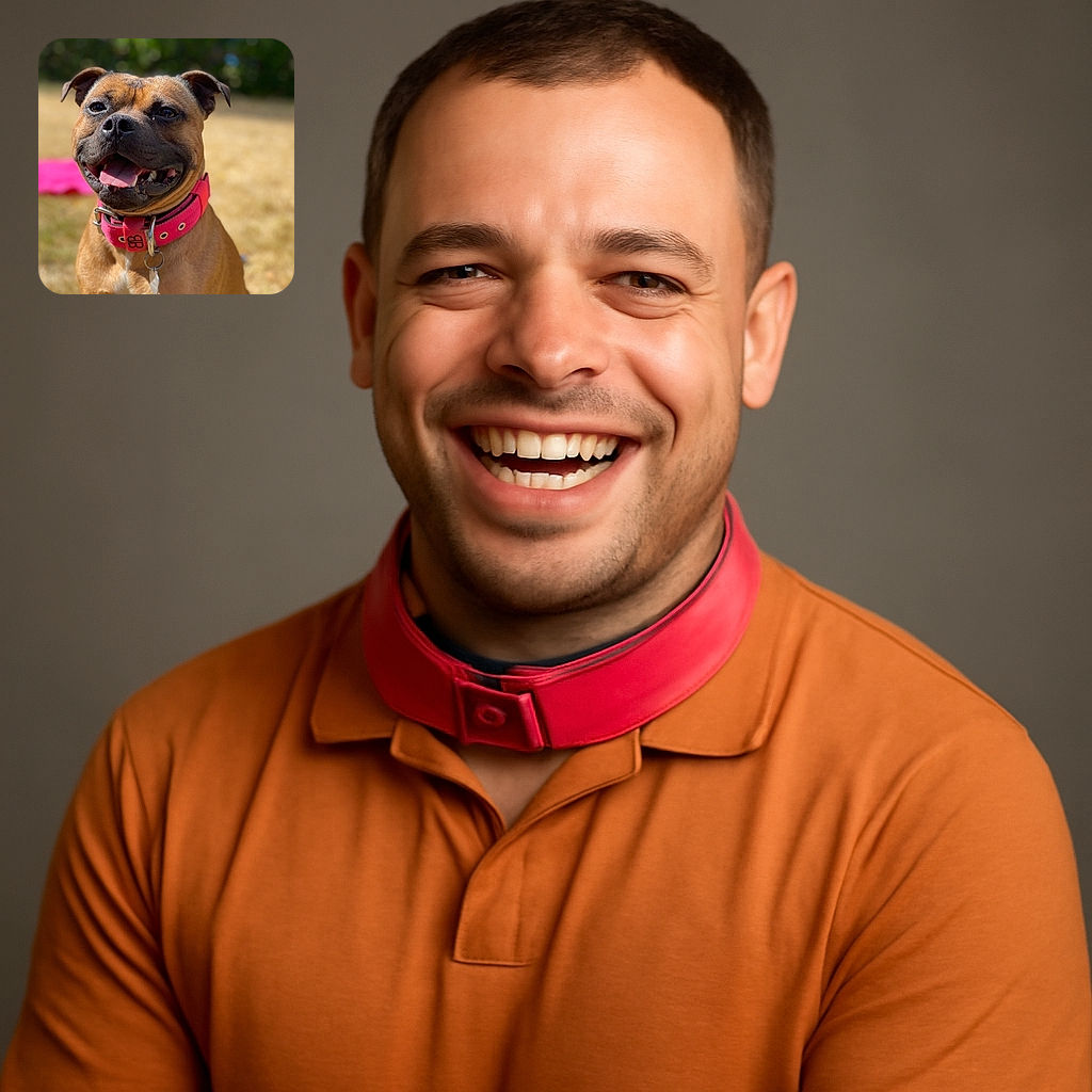 A happy dog with a bright pink collar smiles widely, tongue out, basking in the sunshine on a grassy patch with a blurred green and yellow background.